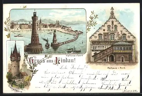 Lithographie Lindau, Hafeneinfahrt, Rathaus von Norden, Diebsthurm
