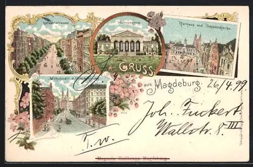 Lithographie Magdeburg, Kaiserstrasse, Herrenkrug, Rathaus und Johanneskirche, Wilhelmstr. und Ulrichskirche
