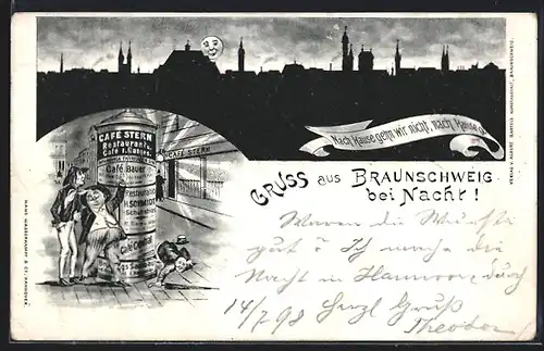 Mondschein-Lithographie Braunschweig, Silhouette der Stadt bei Nacht, Trinkfreudige Herren an der Litfasssäule