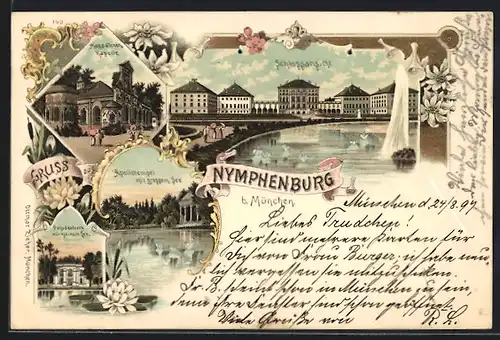 Lithographie München-Nymphenburg, Schlossansicht, Magdalenen-Kapelle, Apollotempel, Pagodenburg