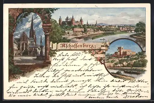 Lithographie Aschaffenburg, Generalansicht der Stadt mit dem Schloss Johannisburg und der Basilika