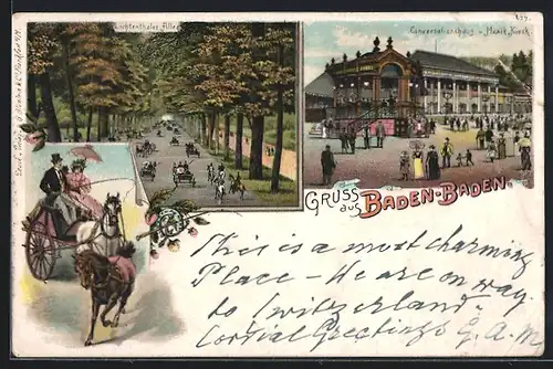 Lithographie Baden-Baden, Konversationshaus und Musik-Kiosk, Lichtenthaler Alle und Pferdekutsche