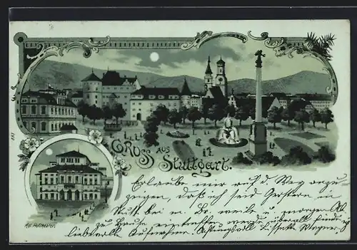 Mondschein-Lithographie Stuttgart, Stadtansicht im Vollmondlicht, Kgl. Hoftheater