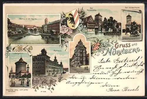 Lithographie Nürnberg, Pegnitz-Partie, Rathaus, Henkersteg