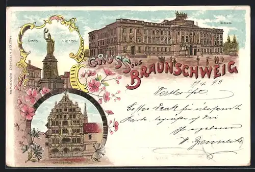 Lithographie Braunschweig, Schloss, Sieges Denkmal, Gewandhaus