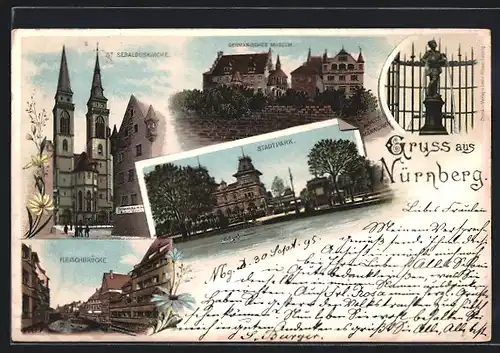 Lithographie Nürnberg, Stadtpark, Fleischbrücke, St. Sebalduskirche