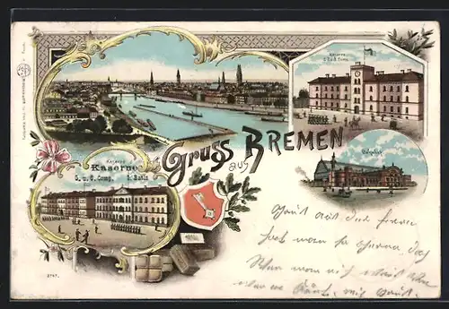 Lithographie Bremen, Kaserne 5. u. 6. Comp. 1. Batls., Bahnhof