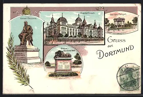 Lithographie Dortmund, Kaiser-Denkmal, Fredenbaum, Louisen-Tempel