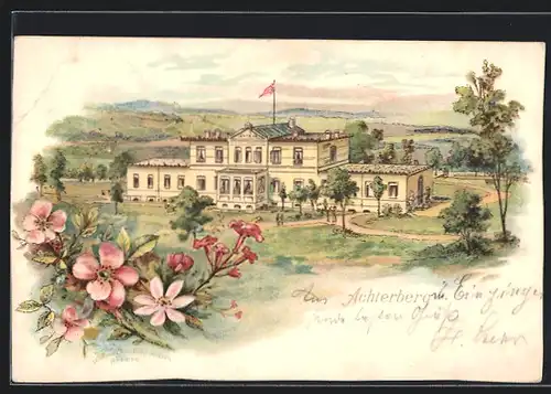 Lithographie Achterberg, Blick auf Gebäude, Flagge