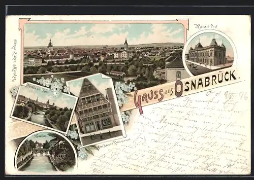 Lithographie Osnabrück, Kaiserl. Post, Hasethor, Altes Haus i. d. Krahnstrasse