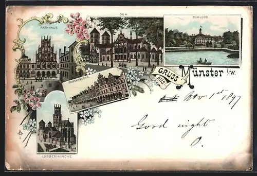 Lithographie Münster i. W., Rathaus, Dom und Bogenhäuser