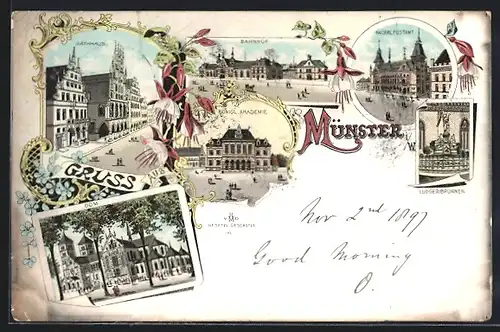 Lithographie Münster i. W., Bahnhof, Rathaus, Akademie, Dom