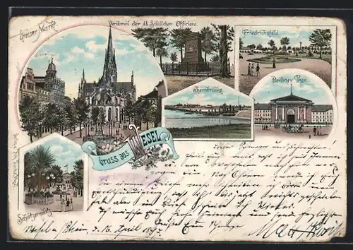 Lithographie Wesel, Schützenplatz, Denkmal der 11 Schillschen Officiere, Berliner Thor