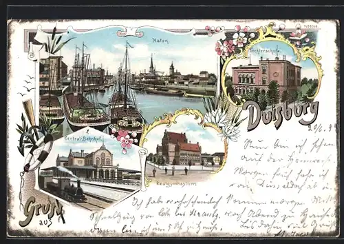 Lithographie Duisburg, Central-Bahnhof, Realgymnasium