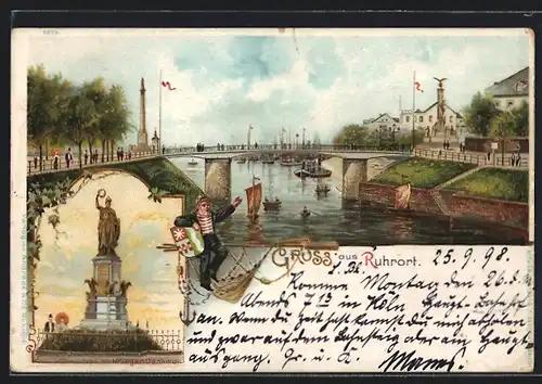 Lithographie Ruhrort, Brücke und Denkmäler, Krieger-Denkmal