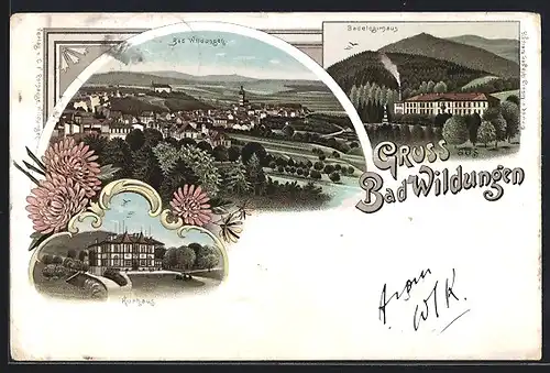 Lithographie Bad Wildungen, Kurhaus, Badelogierhaus und Gesamtansicht