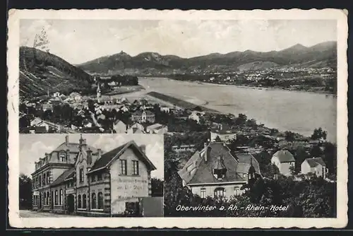 AK Oberwinter a. Rh., Ansicht vom Rhein-Hotel, Ortsansicht mit Blick ins Rheintal
