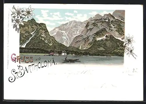 Lithographie St. Bartholomä, Blick vom See auf den Ort und die Berge