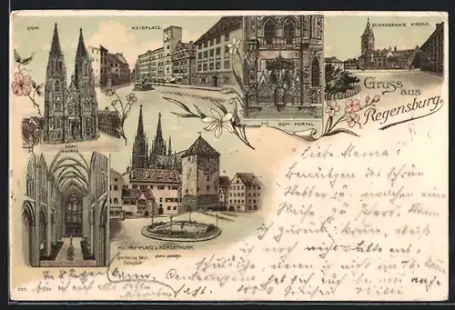 Lithographie Regensburg, Dom, Haidplatz, Moltke-PLatz & Römerthurm