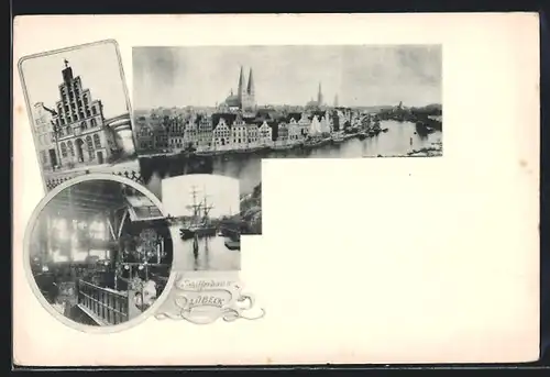 AK Lübeck, Schifferhaus, Flusspartie mit Stadtpanorama, Segelschiff