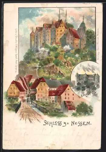 Künstler-AK Nossen, Strassenpartie aus der Ortschaft, Schloss zu Nossen