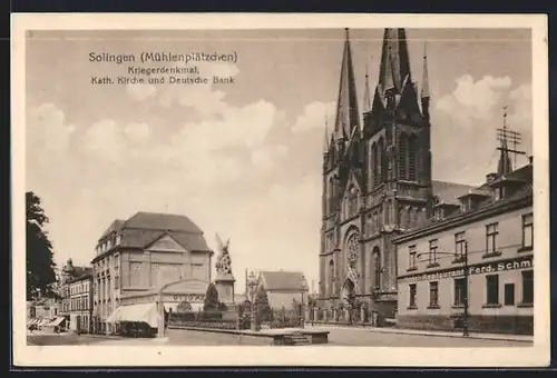 AK Solingen, Kriegerdenkmal, Kath. Kirche und Deutsche Bank