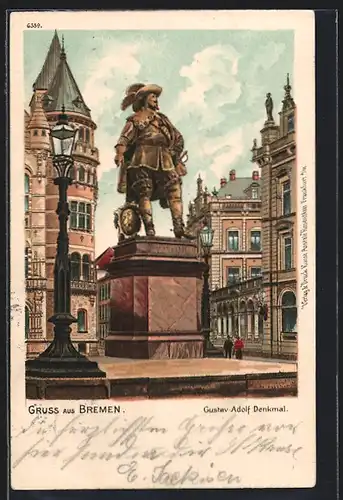 AK Bremen, Gustav-Adolf Denkmal mit Strassenlaterne