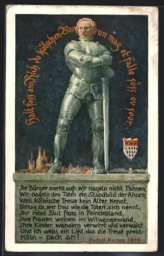 AK Kriegshilfe, Ritter in Rüstung mit Schwert, Silhouette der Stadt Köln