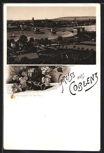 Lithographie Coblenz, Ortsansicht aus der Vogelschau
