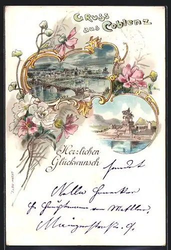 Lithographie Coblenz, Ortsansicht, Deutsches Eck