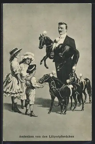 AK Mann mit Kindern und Liliputpferdchen