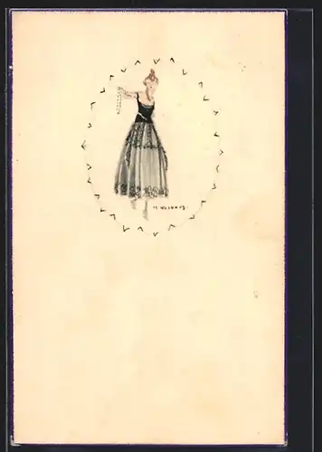 Künstler-AK Handgemalt: Dame im schwarzen Kleid hält eine Perlenkette in der Hand, Jugendstil