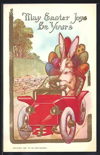 Künstler-AK Osterhase fährt mit seinen Ostereiern im Auto