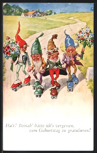 Künstler-AK Zwerge sehr vergnügt auf Rollschuhen unterwegs, bringen Blumensträusse zum Geburtstag