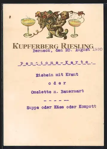 Künstler-AK Speisekarte mit Weinreklame für Kupferberg Riesling