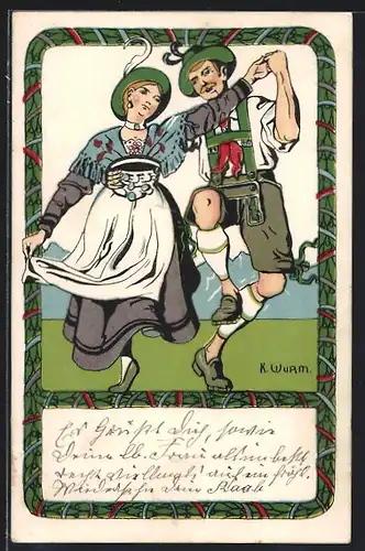 Künstler-AK sign. K. Wurm: Paar in Tracht beim Volkstanz