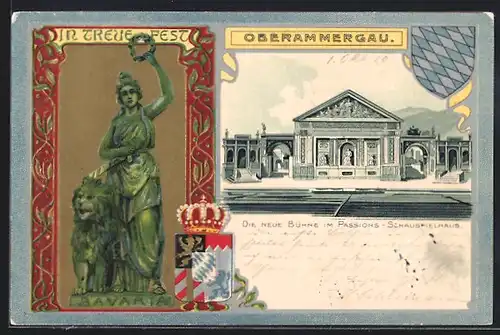 Passepartout-Lithographie Oberammergau, die neue Bühne im Passions-Schauspielhaus, Wappen