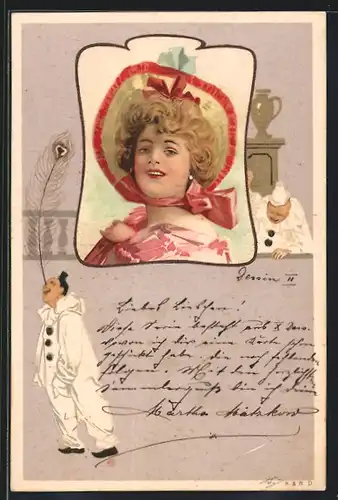 AK Porträt Dame mit Hut, Harlekin balanciert eine Pfauenfeder auf seiner Nase, Jugendstil, Fasching