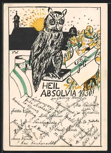 Künstler-AK Heil Absolvia 1930, Eule, Studentenwappen