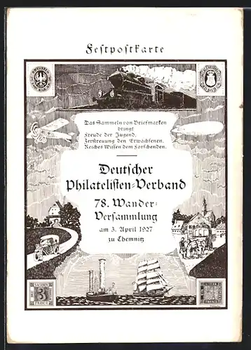 Künstler-AK Chemnitz, 78. Wander-Versammlung 1927-Deutscher Philatelisten-Verband, Ortspartie mit Kirche, Eisenbahn