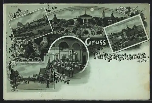 Lithographie Wien, Türkenschanz-Park mit Restaurant, K. K. Sternwarte und Hochschule für Bodenkultur