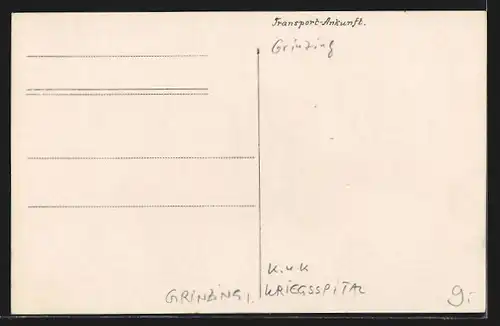 AK Wien-Grinzing, K. u. K. Kriegsspital, Transport-Ankunft, Speisesaal mit Patienten und Schwestern