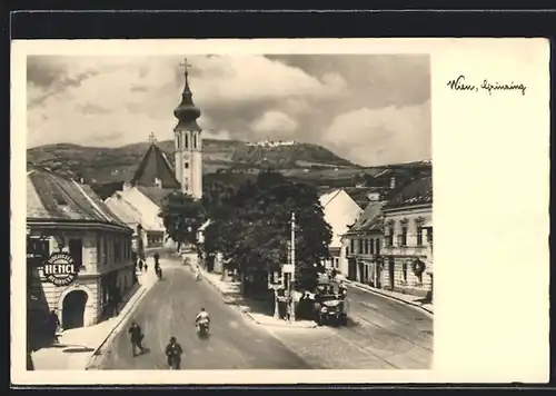 AK Wien-Grinzing, Strassenpartie mit Gasthaus Hengl aus der Vogelschau