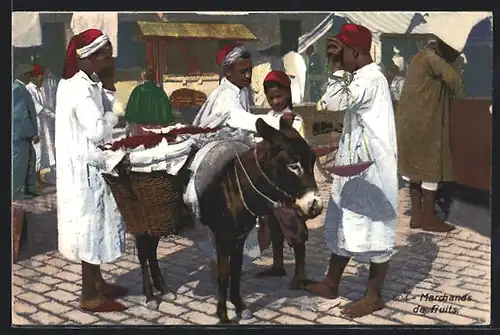 AK Marchands de fruits, arabischer Händler mit Esel auf dem Markt