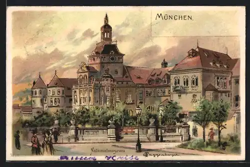Künstler-AK München, Passanten am Nationalmuseum