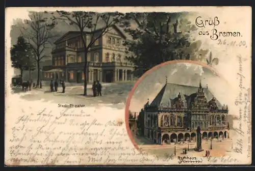 Lithographie Bremen, Stadt-Theater bei Nacht, Rathaus