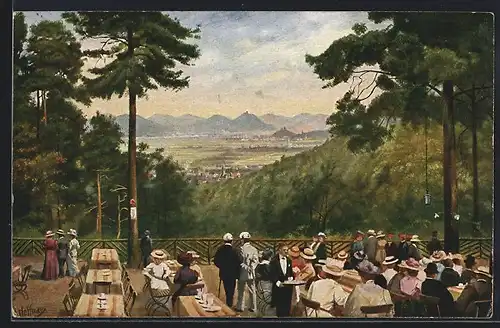 Künstler-AK Casselsruhe bei Bonn, Gasthaus mit Blick auf Godesberg und das Siebengebirge