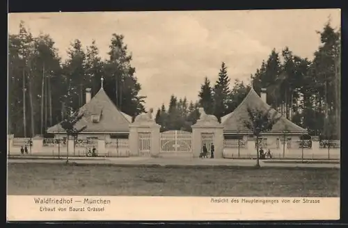 AK München-Hadern, Waldfriedhof, Ansicht des Haupteinganges von der Strasse