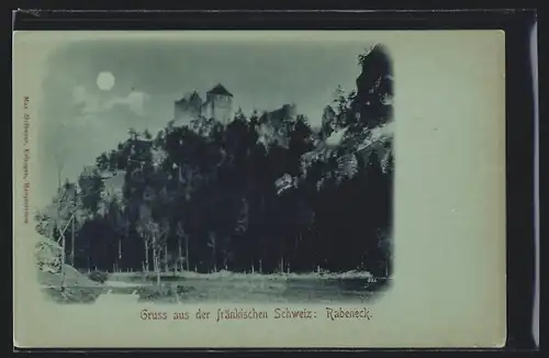 Mondschein-AK Rabeneck /Fränkische Schweiz, Ortspartie mit Burg