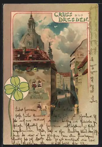 Künstler-AK Dresden, Strassenpartie mit Blick zur Frauenkirche